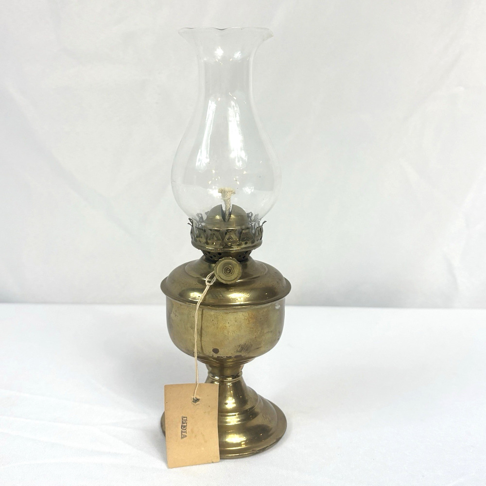 Vtg 9.75" Small Brass Oil Lamp Unused Wick w/ Chimney Made in India Orig Tag